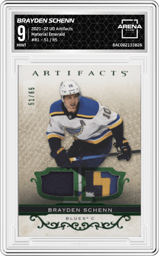 Brayden Schenn from the 2021-22 Upper Deck Artifacts  set featuring a Emerald parallel graded by Arena Club and given an overall grade of 9.