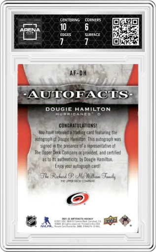 Dougie Hamilton from the 2021-22 Upper Deck Artifacts  set graded by Arena Club and given an overall grade of 6.5.