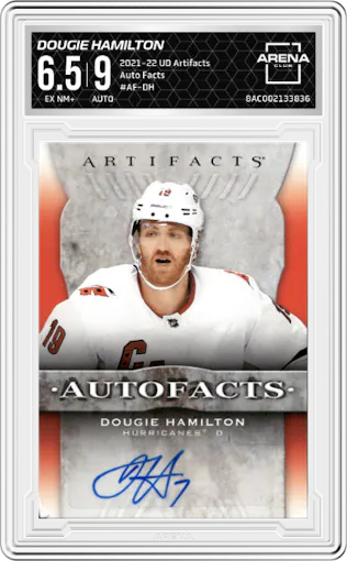 Dougie Hamilton from the 2021-22 Upper Deck Artifacts  set graded by Arena Club and given an overall grade of 6.5.