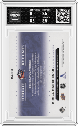 Kirill Marchenko from the 2022-23 Ultimate Collection set graded by Arena Club and given an overall grade of 8.5.