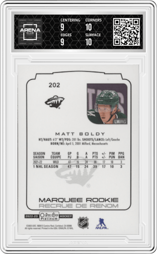 Matt Boldy from the 2022-23 O-Pee-Chee Platinum set graded by Arena Club and given an overall grade of 9.5.