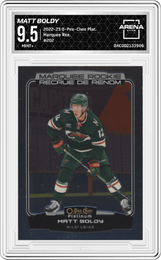 Matt Boldy from the 2022-23 O-Pee-Chee Platinum set graded by Arena Club and given an overall grade of 9.5.