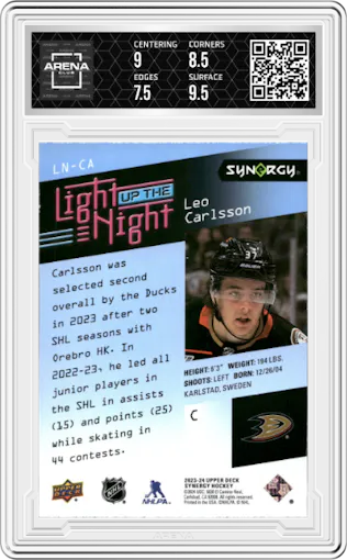 Leo Carlsson from the 2023-24 Upper Deck Synergy set featuring a Blue parallel graded by Arena Club and given an overall grade of 8.