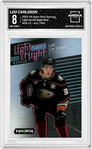 Leo Carlsson from the 2023-24 Upper Deck Synergy set featuring a Blue parallel graded by Arena Club and given an overall grade of 8.