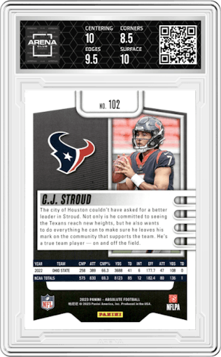 C.J. Stroud from the 2023 Panini Absolute set graded by Arena Club and given an overall grade of 9.