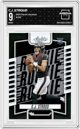 C.J. Stroud from the 2023 Panini Absolute set graded by Arena Club and given an overall grade of 9.