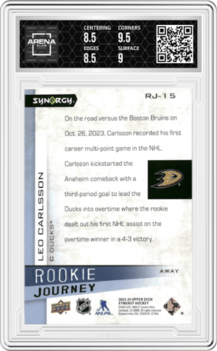 Leo Carlsson from the 2023-24 Upper Deck Synergy set featuring a Red parallel graded by Arena Club and given an overall grade of 9.