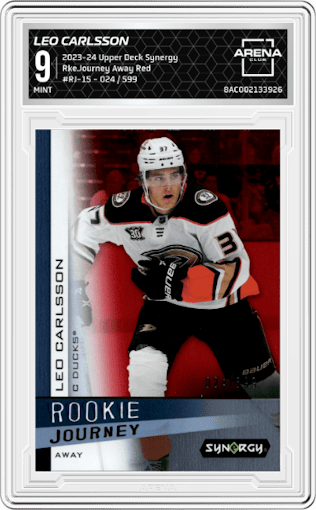Leo Carlsson from the 2023-24 Upper Deck Synergy set featuring a Red parallel graded by Arena Club and given an overall grade of 9.