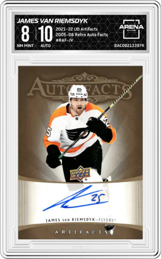 James van Riemsdyk from the 2021-22 Upper Deck Artifacts  set graded by Arena Club and given an overall grade of 8.