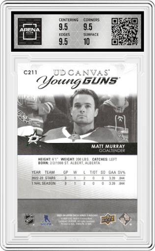 Matt Murray from the 2023-24 Upper Deck Series 2 set featuring a Black & White parallel graded by Arena Club and given an overall grade of 10.