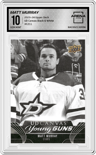 Matt Murray from the 2023-24 Upper Deck Series 2 set featuring a Black & White parallel graded by Arena Club and given an overall grade of 10.