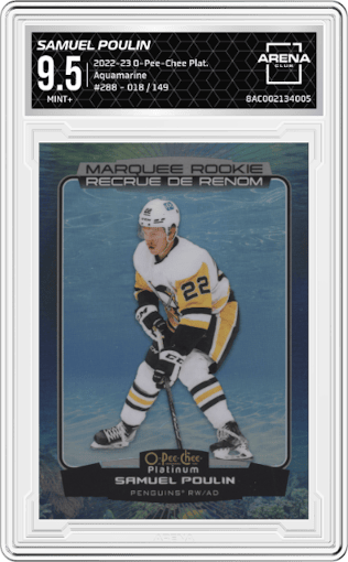 Samuel Poulin from the 2022-23 O-Pee-Chee Platinum set featuring a Aquamarine parallel graded by Arena Club and given an overall grade of 9.5.