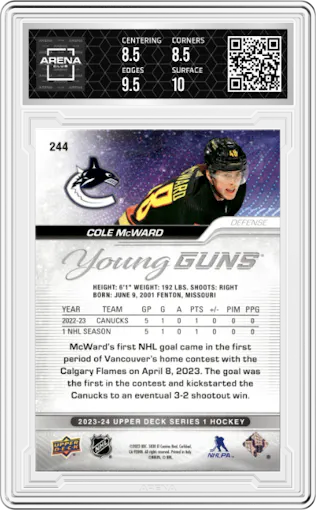 Cole McWard from the 2023-24 Upper Deck Series 1 set graded by Arena Club and given an overall grade of 9.