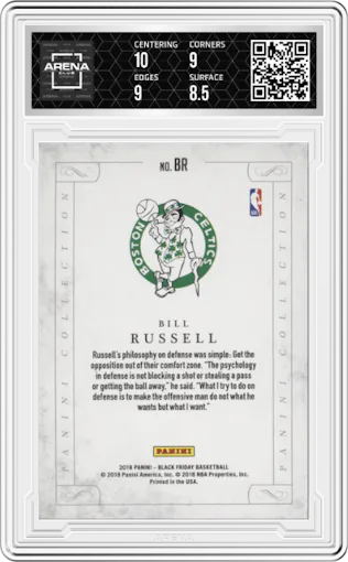 Bill Russell from the 2018 Panini Black Friday set featuring a Cracked Ice parallel graded by Arena Club and given an overall grade of 9.