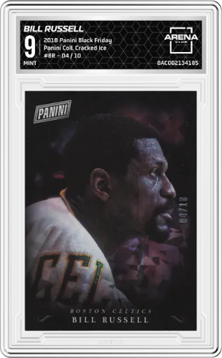 Bill Russell from the 2018 Panini Black Friday set featuring a Cracked Ice parallel graded by Arena Club and given an overall grade of 9.