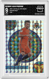 Robin van Persie from the 2021-22 Panini Mosaic Road to FIFA World Cup set graded by Arena Club and given an overall grade of 9.