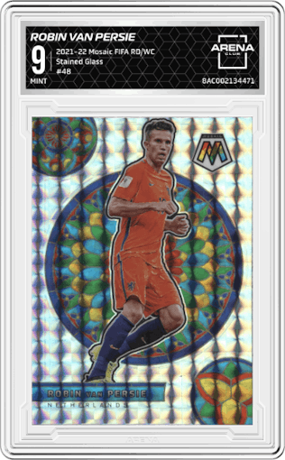 Robin van Persie from the 2021-22 Panini Mosaic Road to FIFA World Cup set graded by Arena Club and given an overall grade of 9.
