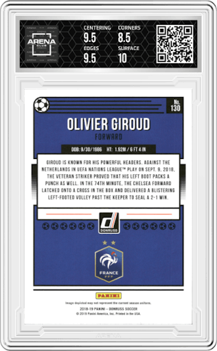 Olivier Giroud from the 2018-19 Panini Donruss set featuring a Press Proof Gold parallel graded by Arena Club and given an overall grade of 9.