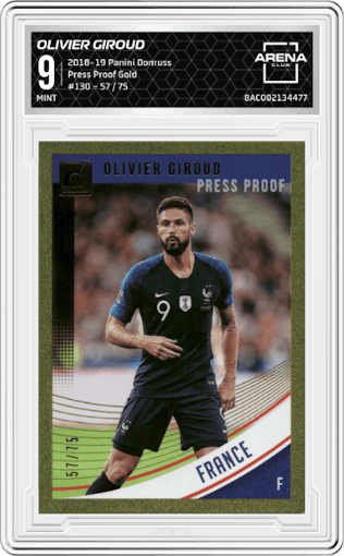 Olivier Giroud from the 2018-19 Panini Donruss set featuring a Press Proof Gold parallel graded by Arena Club and given an overall grade of 9.