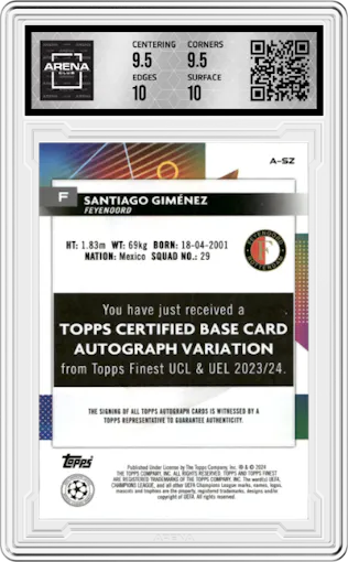 Santiago Gimenez from the 2023-24 Topps Finest UEFA Club Competitions set featuring a Purple Shimmer Refractor parallel graded by Arena Club and given an overall grade of 10.