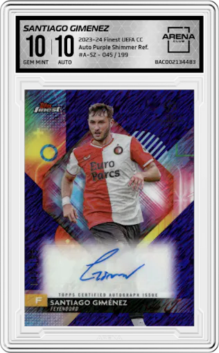 Santiago Gimenez from the 2023-24 Topps Finest UEFA Club Competitions set featuring a Purple Shimmer Refractor parallel graded by Arena Club and given an overall grade of 10.