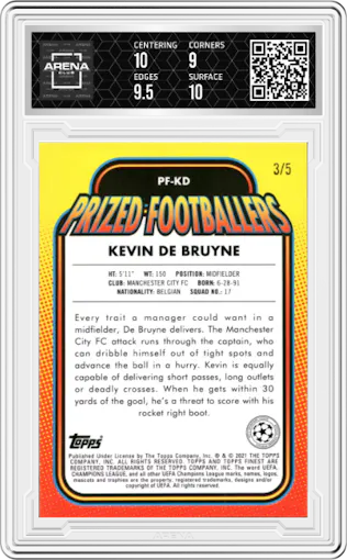 Kevin De Bruyne from the 2020-21 Topps Finest UEFA Champions League set featuring a Red Refractor  parallel graded by Arena Club and given an overall grade of 9.5.