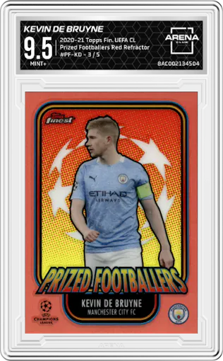 Kevin De Bruyne from the 2020-21 Topps Finest UEFA Champions League set featuring a Red Refractor  parallel graded by Arena Club and given an overall grade of 9.5.
