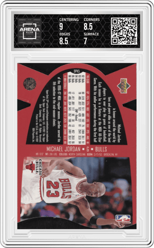 Michael Jordan from the 1997 SPx set graded by Arena Club and given an overall grade of 7.5.