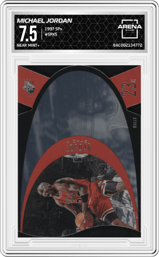 Michael Jordan from the 1997 SPx set graded by Arena Club and given an overall grade of 7.5.