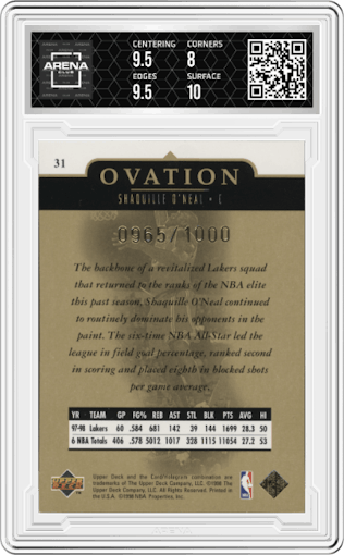 Shaquille O'Neal from the 1998-99 Upper Deck Ovation set featuring a Gold parallel graded by Arena Club and given an overall grade of 8.5.