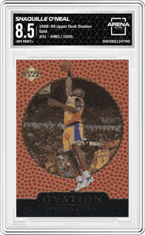 Shaquille O'Neal from the 1998-99 Upper Deck Ovation set featuring a Gold parallel graded by Arena Club and given an overall grade of 8.5.