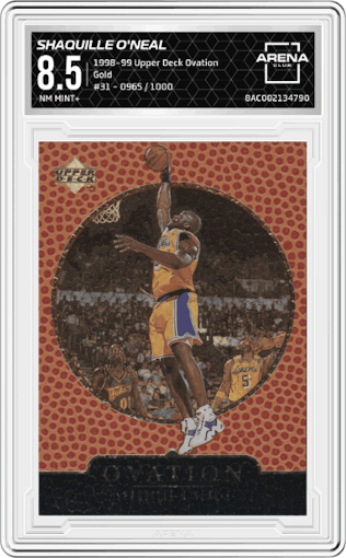 Shaquille O'Neal from the 1998-99 Upper Deck Ovation set featuring a Gold parallel graded by Arena Club and given an overall grade of 8.5.