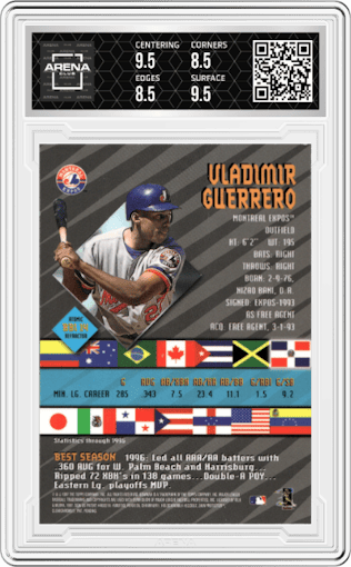 Vladimir Guerrero from the 1997 Bowman's Best set featuring a Atomic Refractor parallel graded by Arena Club and given an overall grade of 9.