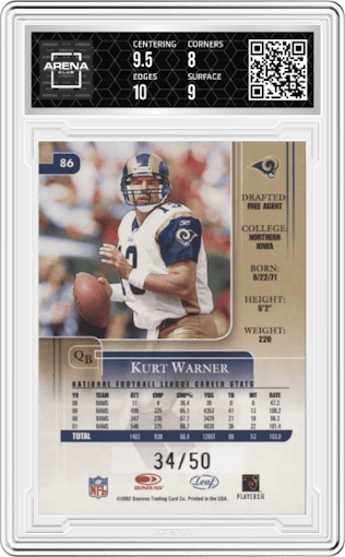 Kurt Warner from the 2002 Leaf Rookies & Stars set featuring a Longevity parallel graded by Arena Club and given an overall grade of 8.5.