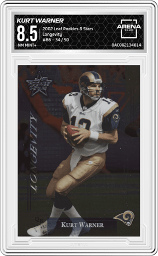 Kurt Warner from the 2002 Leaf Rookies & Stars set featuring a Longevity parallel graded by Arena Club and given an overall grade of 8.5.