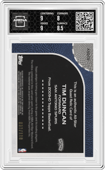 Tim Duncan from the 2009-10 Topps set graded by Arena Club and given an overall grade of 8.5.
