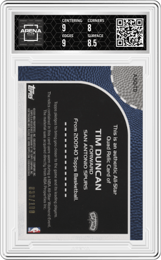 Tim Duncan from the 2009-10 Topps set graded by Arena Club and given an overall grade of 8.5.