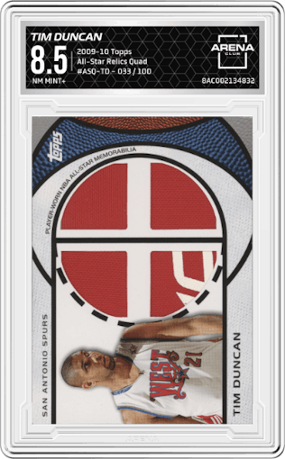 Tim Duncan from the 2009-10 Topps set graded by Arena Club and given an overall grade of 8.5.