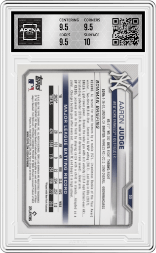 Aaron Judge from the 2021 Topps NSCC Bowman National Convention set featuring a Gold Foil parallel graded by Arena Club and given an overall grade of 10.