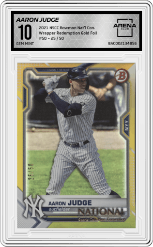 Aaron Judge from the 2021 Topps NSCC Bowman National Convention set featuring a Gold Foil parallel graded by Arena Club and given an overall grade of 10.