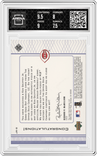 Ken Griffey Jr. from the 2002 Upper Deck Collectors Club set featuring a Bat parallel graded by Arena Club and given an overall grade of 8.