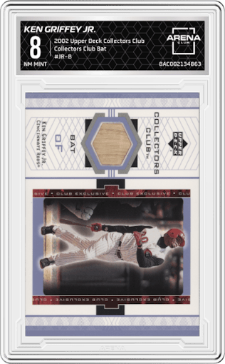 Ken Griffey Jr. from the 2002 Upper Deck Collectors Club set featuring a Bat parallel graded by Arena Club and given an overall grade of 8.