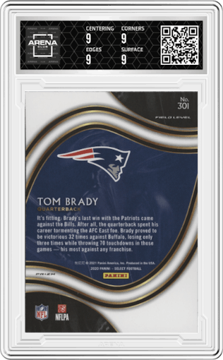 Tom Brady from the 2020 Panini Select set featuring a Silver Prizm parallel graded by Arena Club and given an overall grade of 9.