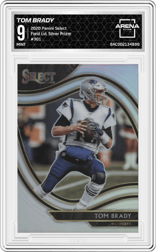 Tom Brady from the 2020 Panini Select set featuring a Silver Prizm parallel graded by Arena Club and given an overall grade of 9.