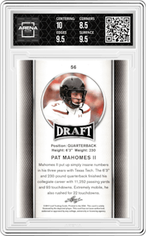 Pat Mahomes II from the 2017 Leaf Draft set graded by Arena Club and given an overall grade of 9.