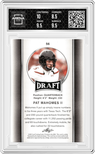 Pat Mahomes II from the 2017 Leaf Draft set graded by Arena Club and given an overall grade of 9.