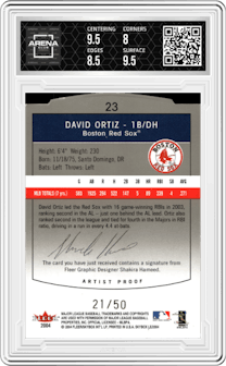 David Ortiz from the 2004 SkyBox LE set featuring a Artist Proof parallel graded by Arena Club and given an overall grade of 8.5.