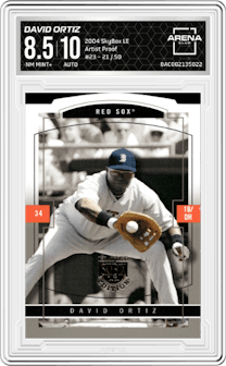 David Ortiz from the 2004 SkyBox LE set featuring a Artist Proof parallel graded by Arena Club and given an overall grade of 8.5.