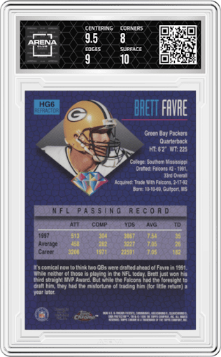 Brett Favre from the 1998 Topps Chrome set featuring a Refractor parallel graded by Arena Club and given an overall grade of 8.5.