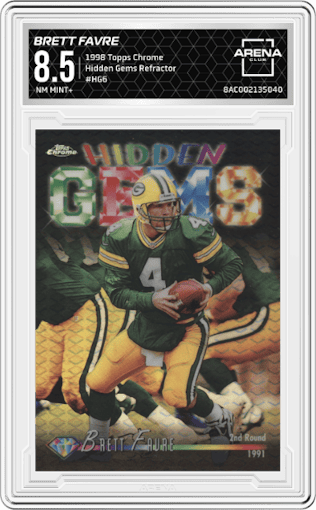 Brett Favre from the 1998 Topps Chrome set featuring a Refractor parallel graded by Arena Club and given an overall grade of 8.5.